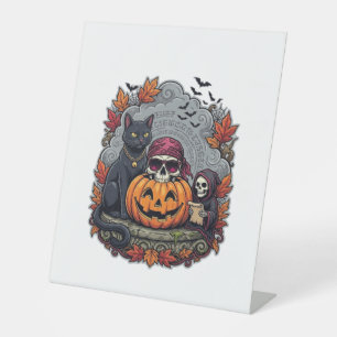 Halloween-Kürbis-Katze-Totenkopf-Sense-Automat-Her Sockelschild
