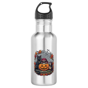 Halloween-Kürbis-Katze-Totenkopf-Sense-Autumn-Laub Edelstahlflasche