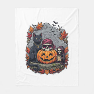 Halloween-Kürbis-Katze-Totenkopf-Sense-Autumn-Laub Fleecedecke