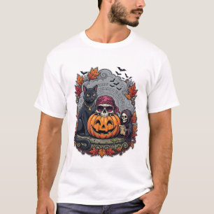 Halloween-Kürbis-Katze-Totenkopf-Sense-Autumn-Laub T-Shirt
