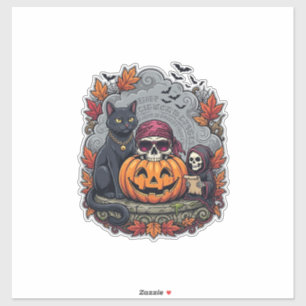 Halloween-Kürbis-Katze-Totenkopf-Sense-Autumn Lea Aufkleber