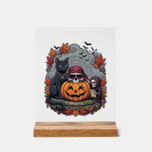 Halloween-Kürbis-Katzen-Schädel-Sense Herbst Laub Acrylschild