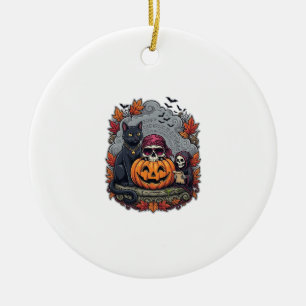Halloween-Kürbis-Katzen-Schädel-Sense Herbst Laub Keramik Ornament