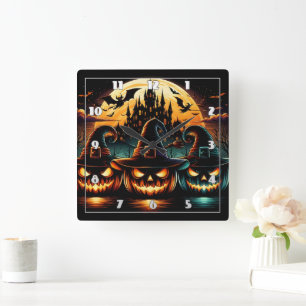 Halloween-Kürbis leuchten bei Dämmerung unter Voll Quadratische Wanduhr