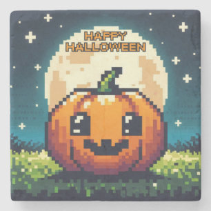 Halloween-Kürbis mit 8 bit unter dem Mond Steinuntersetzer