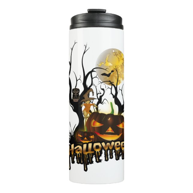Halloween-Kürbis mit Eule Thermosbecher (Vorderseite)