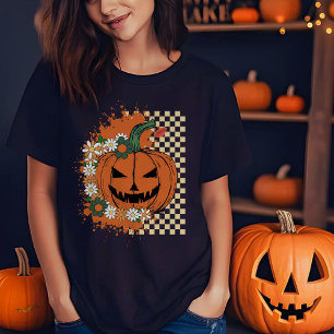Halloween-Kürbis mit Schachbrettmuster und Blumen T-Shirt