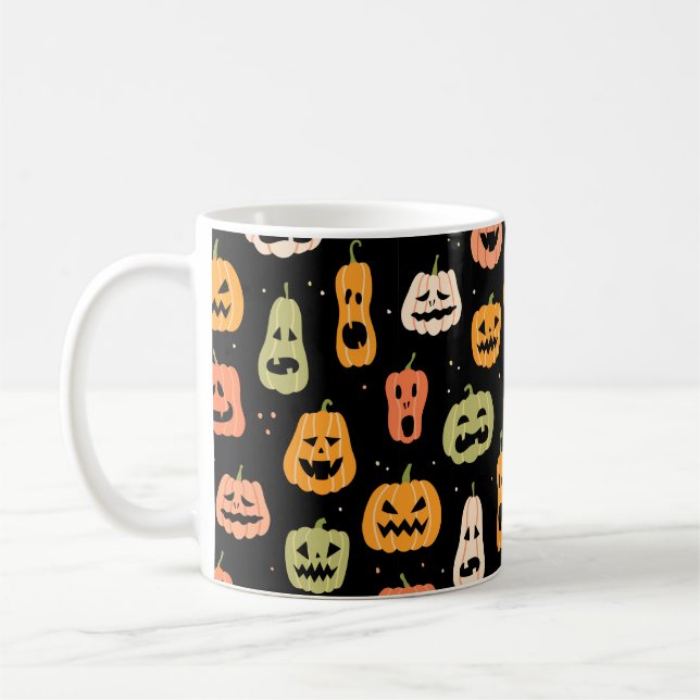 Halloween Kürbis nahtloses Muster. Handzeichen Kaffeetasse (Links)