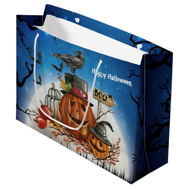 Halloween-Kürbis-Raben-Party Große Geschenktüte (Vorderseite Schrägansicht)