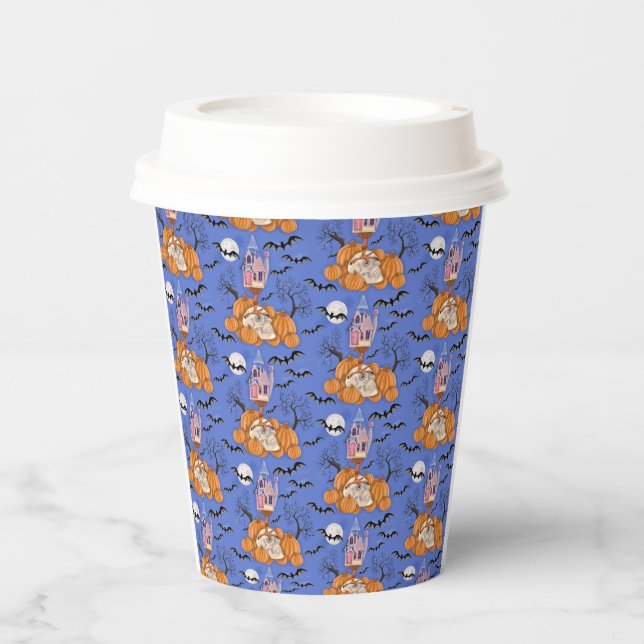 Halloween, Kürbis, Schädel und Fledermäuse, Papier Pappbecher (Vorderseite)