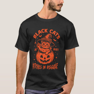 Halloween-Kürbis-Schwarze-Katze-Druck mit Hut-Hexe T-Shirt