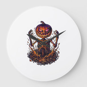 Halloween-Kürbis-Skelett-Magieportal-Flammen_1 Große Wanduhr