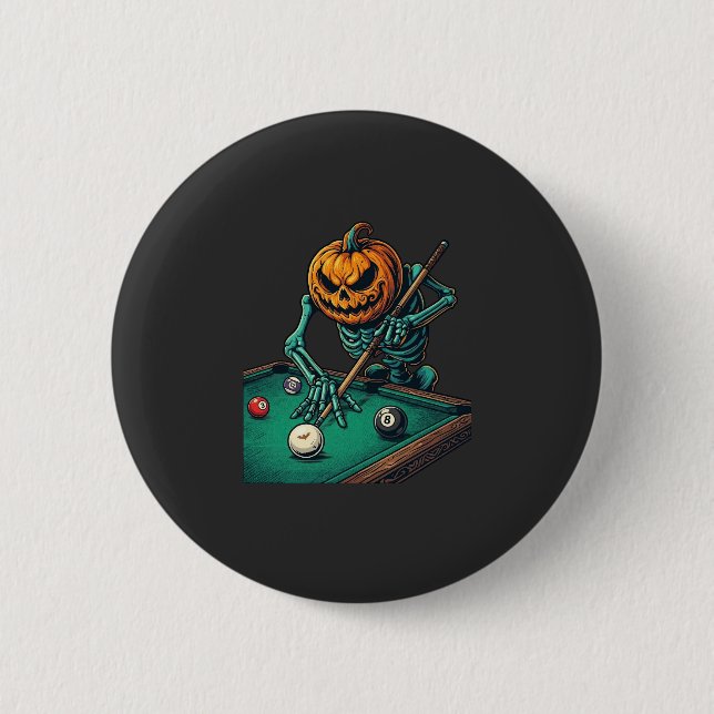 Halloween-Kürbis-Skelett spielt Pool-Billard  Button (Vorderseite)