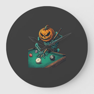 Halloween-Kürbis-Skelett spielt Pool-Billard Große Wanduhr
