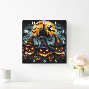 Halloween-Kürbis und Hexen in der Abenddämmerung Quadratische Wanduhr