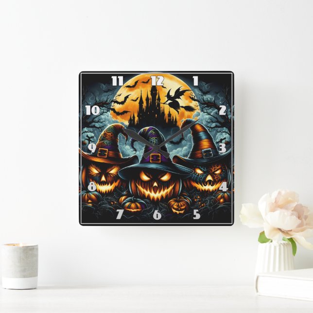 Halloween-Kürbis und Hexen in der Abenddämmerung Quadratische Wanduhr (Zuhause)
