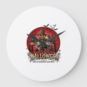 Halloween-Kürbis-Vogelscheuche-Rabe-Fledermäuse_1 Große Wanduhr