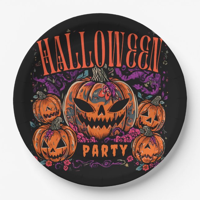 Halloween, Kürbiscoven blüht, Gothic Pappteller (Vorderseite)