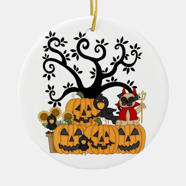 Halloween-Kürbise, schwarze Vögel und Mops-Hund Keramikornament (Vorne)