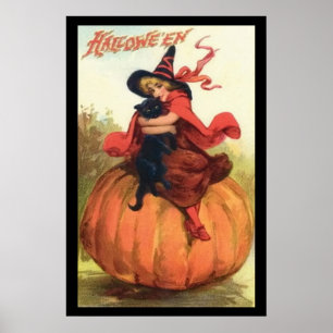 Halloween Kürbishexe Rot auf einem Kürbis Poster