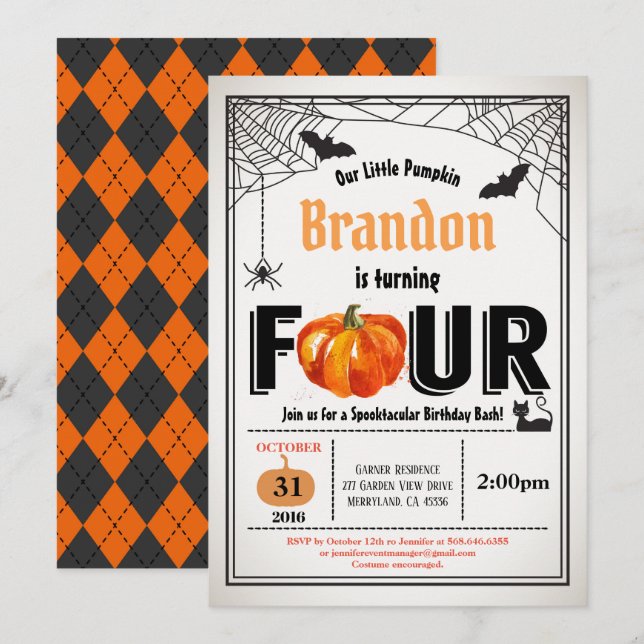 Halloween Kürbiskinder 4. Party Einladung (Vorne/Hinten)