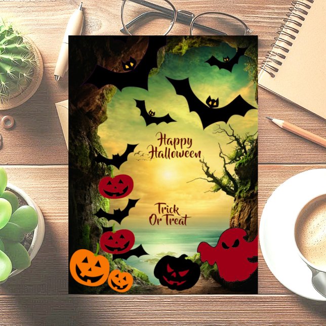 Halloween Kürbislaterne Black Bat Spooky Gruß Karte (Halloween Jack O Lantern Black Bat Spooky Greeting Card)