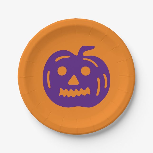 Halloween-Kürbislaterne lila und orange Pappteller (Vorderseite)