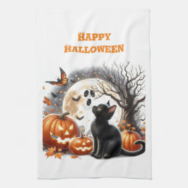 Halloween Kürbislaterne Pumpkin Cat White Geschirrtuch