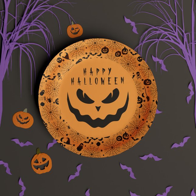 Halloween Kürbislaterne Pumpkin Creepy Face Pappteller (Happy Halloween Black and Orange Jack o Lantern Paper Plates)