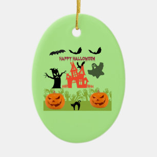 Halloween-Kürbisse, Fledermäuse, gruseliger Baum u Keramik Ornament