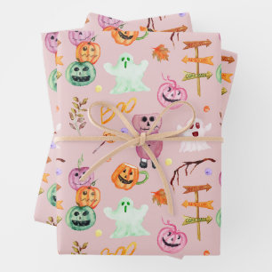 Halloween-Kürbisse, Geist, Monster Rosa Geschenkpapier Set