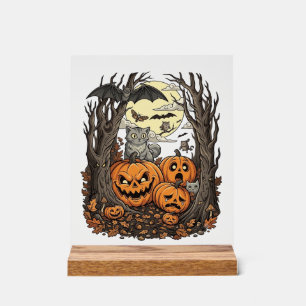 Halloween-Kürbisse Graue Katze Fledermaus Vollmond Acrylschild