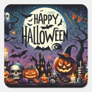 Halloween Kürbisse, Totenköpfe & Spukhaus Quadratischer Aufkleber