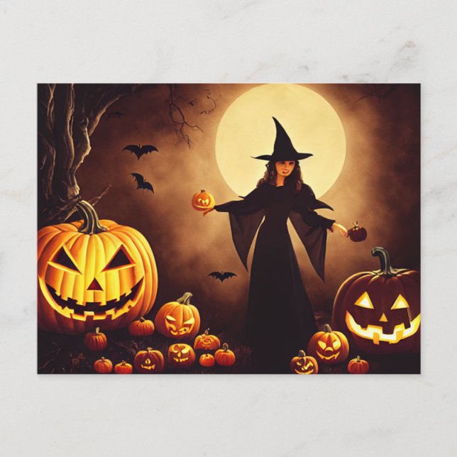Halloween. Kürbisse und Hexe bei Vollmond. Postkarte (Vorderseite)