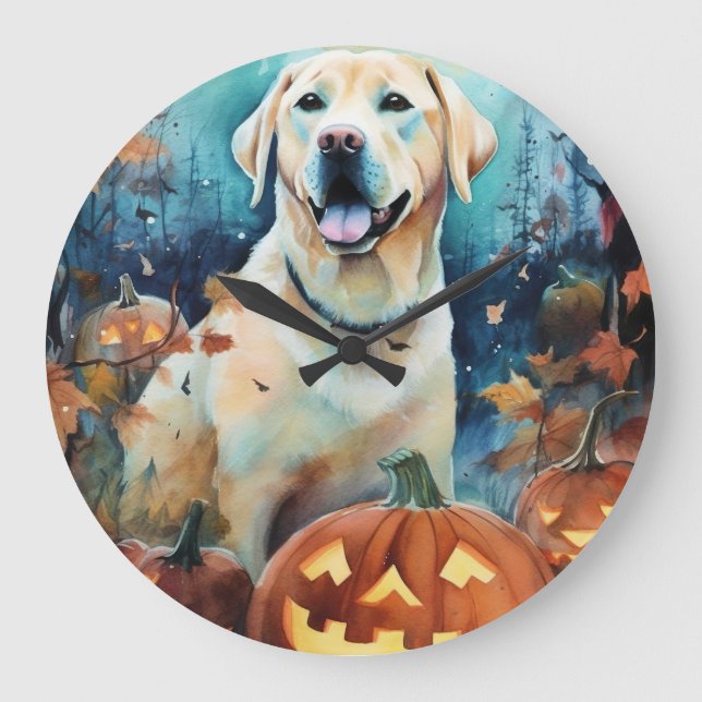 Halloween Labrador mit Pumpkins Beängstigend Große Wanduhr (Vorderseite)