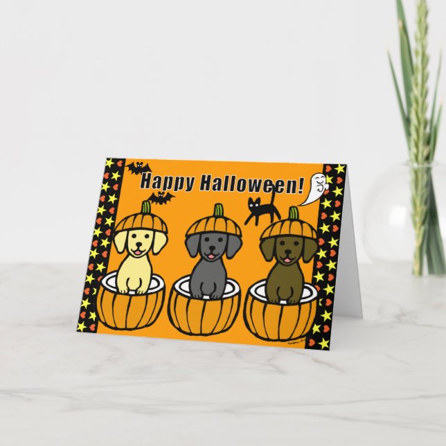 Halloween Labrador Puppies und Pumpkins Karte (Vorderseite)