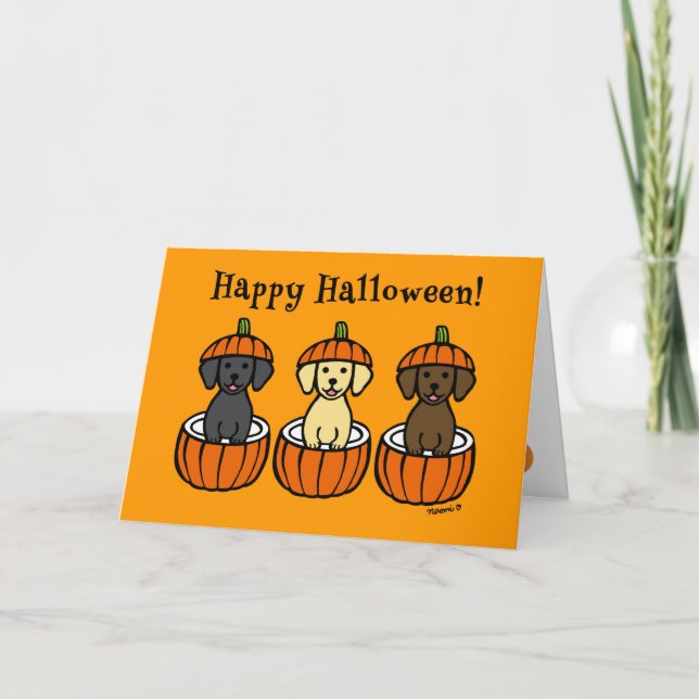 Halloween Labrador Puppies und Pumpkins Karte (Vorderseite)