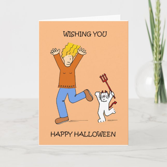 Halloween Lady and White Cat in Kostüm Karte (Vorderseite)