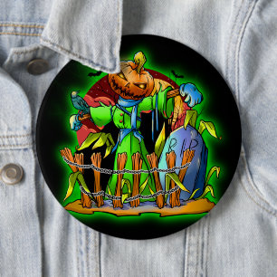 Halloween Lady Scarecrow Pumpkin Head RIP Bats Button