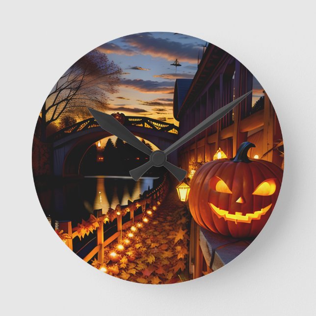 Halloween Landschaft Vier Runde Wanduhr (Vorderseite)