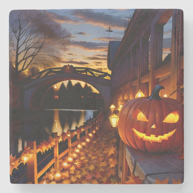 Halloween Landschaft Vier Steinuntersetzer (Vorderseite)