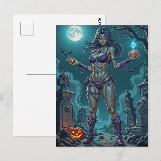 Halloween Leckerei oder Zombie Girlfriend w Brains Postkarte (Vorne/Hinten)