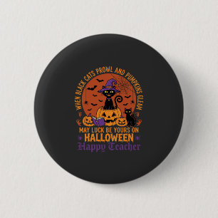 Halloween-Lehrer-Schwarze Katze Kürbis Glück Button