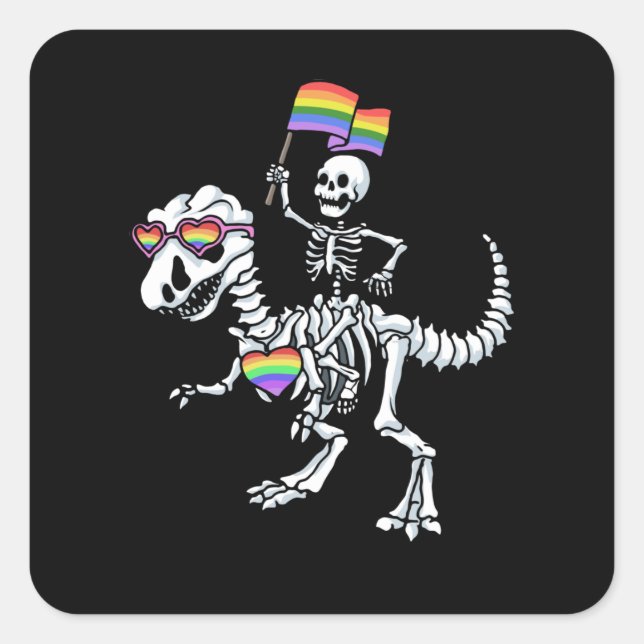 Halloween LGBT T Rex Dinosaur Skeleton Gay Pride Quadratischer Aufkleber (Vorderseite)