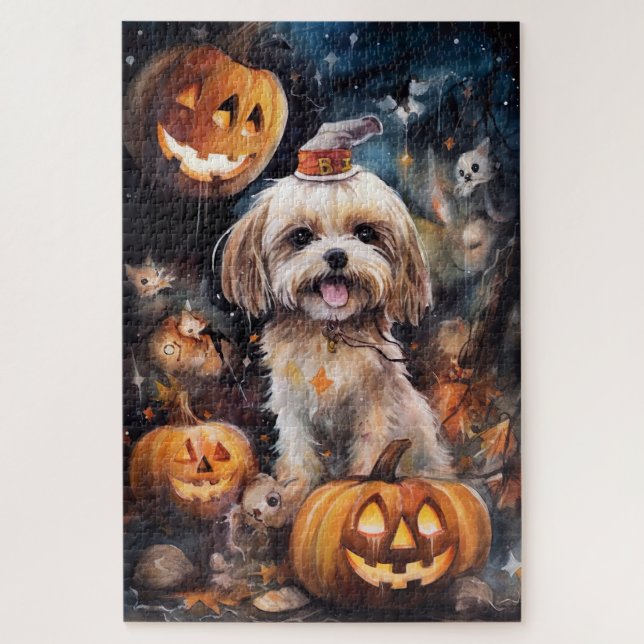 Halloween Lhasa Apso mit Pumpkins Beängstigend (Vertikal)