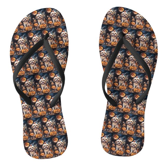 Halloween Lhasa Apso mit Pumpkins Beängstigend Flip Flops (Fußbett)