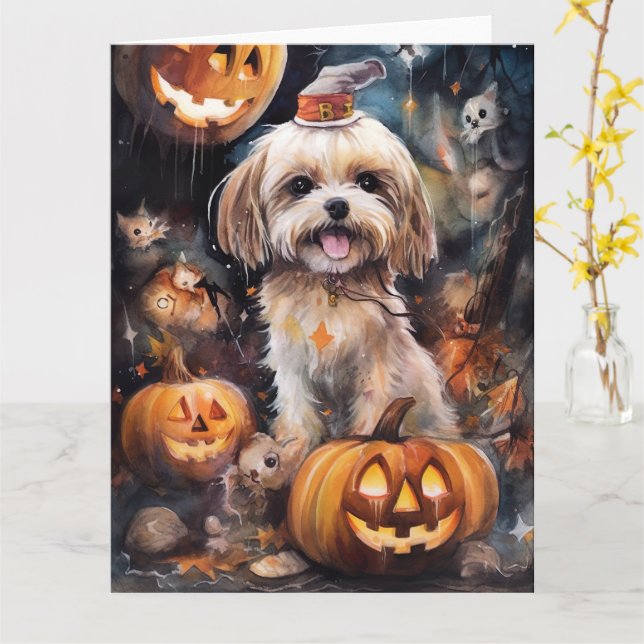 Halloween Lhasa Apso mit Pumpkins Beängstigend Karte (Gelbe Blume)