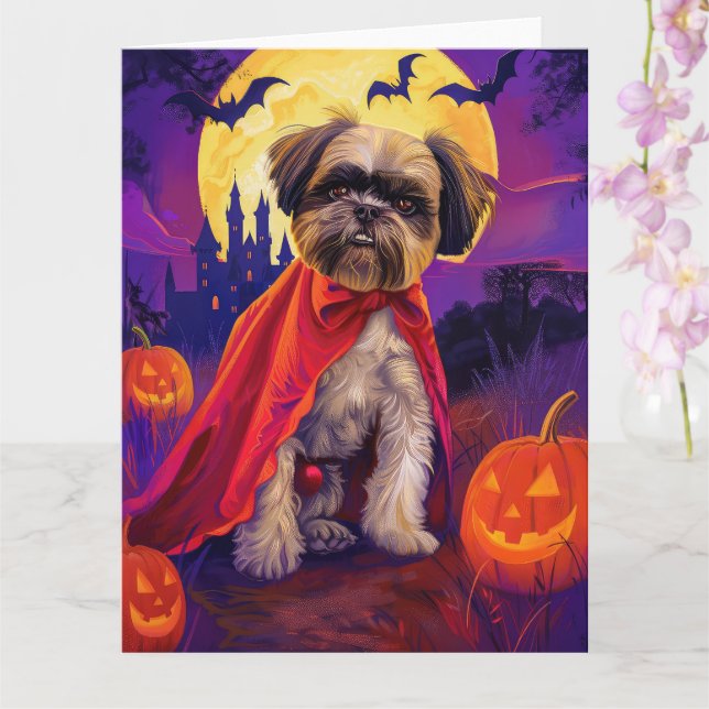 Halloween Lhasa Apso Vampire Pumpkins Beängstigend Karte (Orchidee)