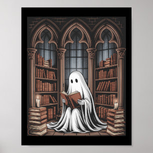 Halloween Librarian Ghost Reading Books Lovers Lib Poster