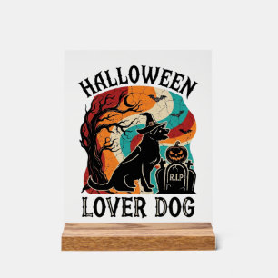 Halloween-Liebhaber-Hund-Hexenhut-Kürbis-Grabstein Acrylschild